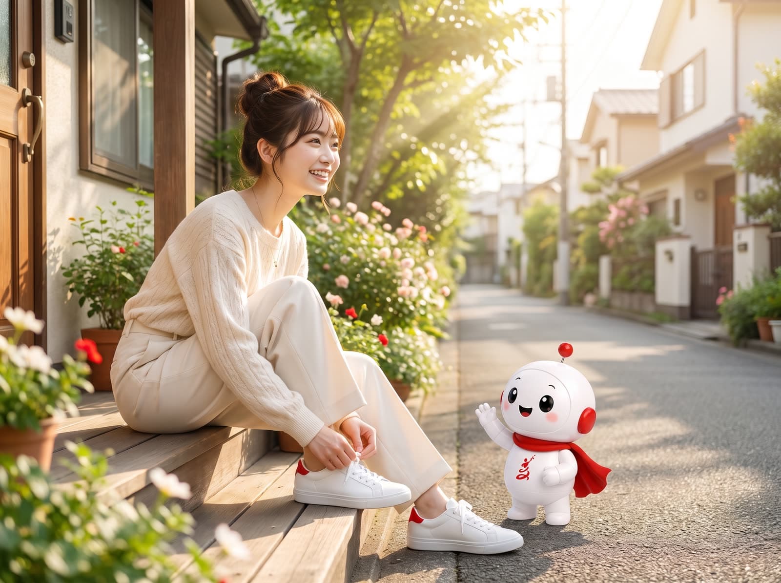 朝、靴ひもを結んで出かけようとしている様子と、そばで応援する Lumi