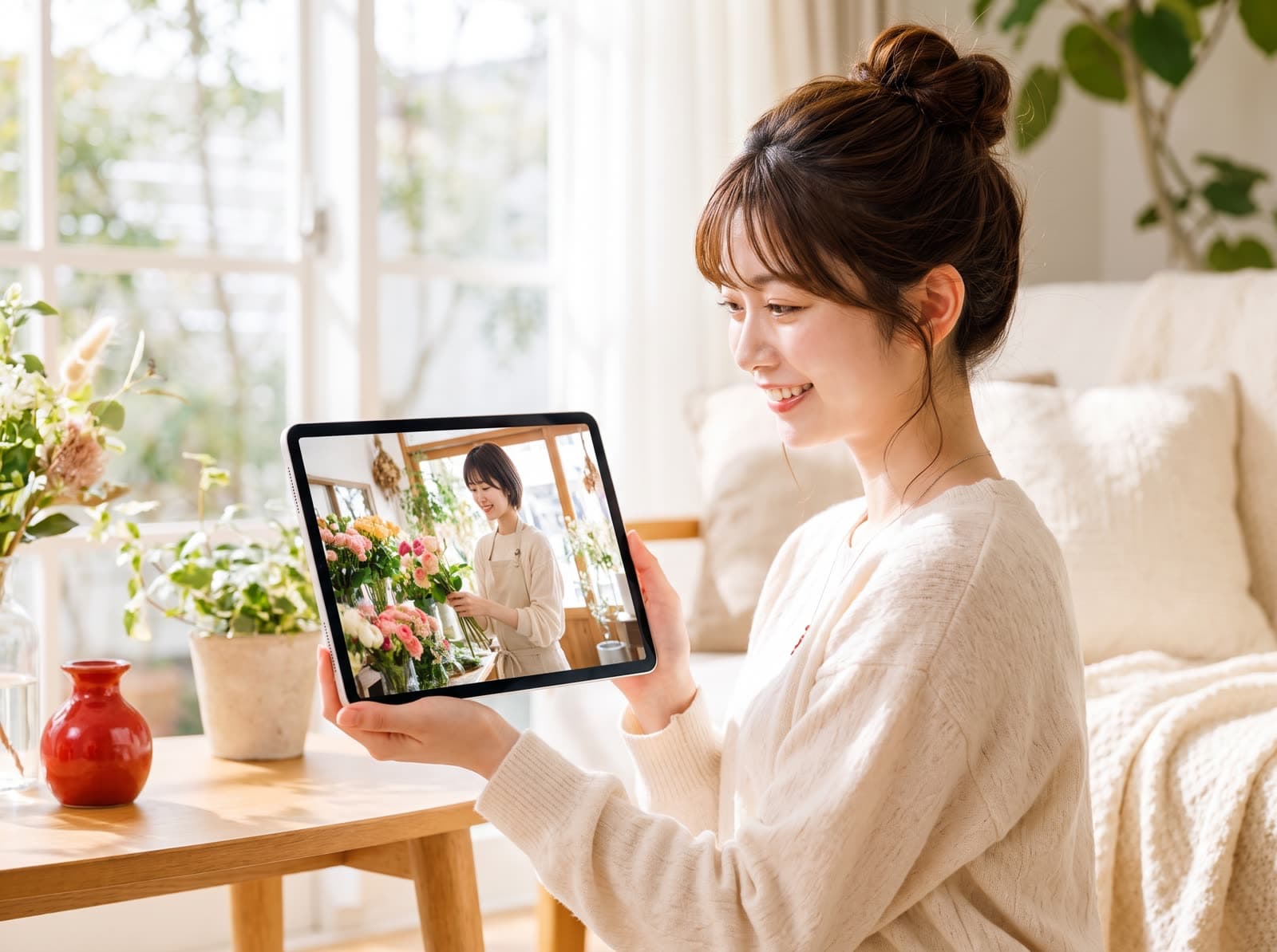 未来の自分が映った映像をタブレットで見ている様子