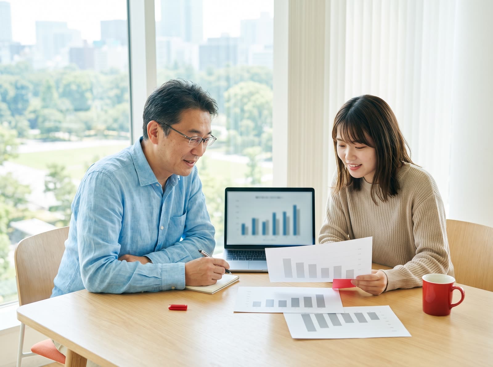 ノート PC とグラフの資料を前に、予算の配分を話し合っている二人