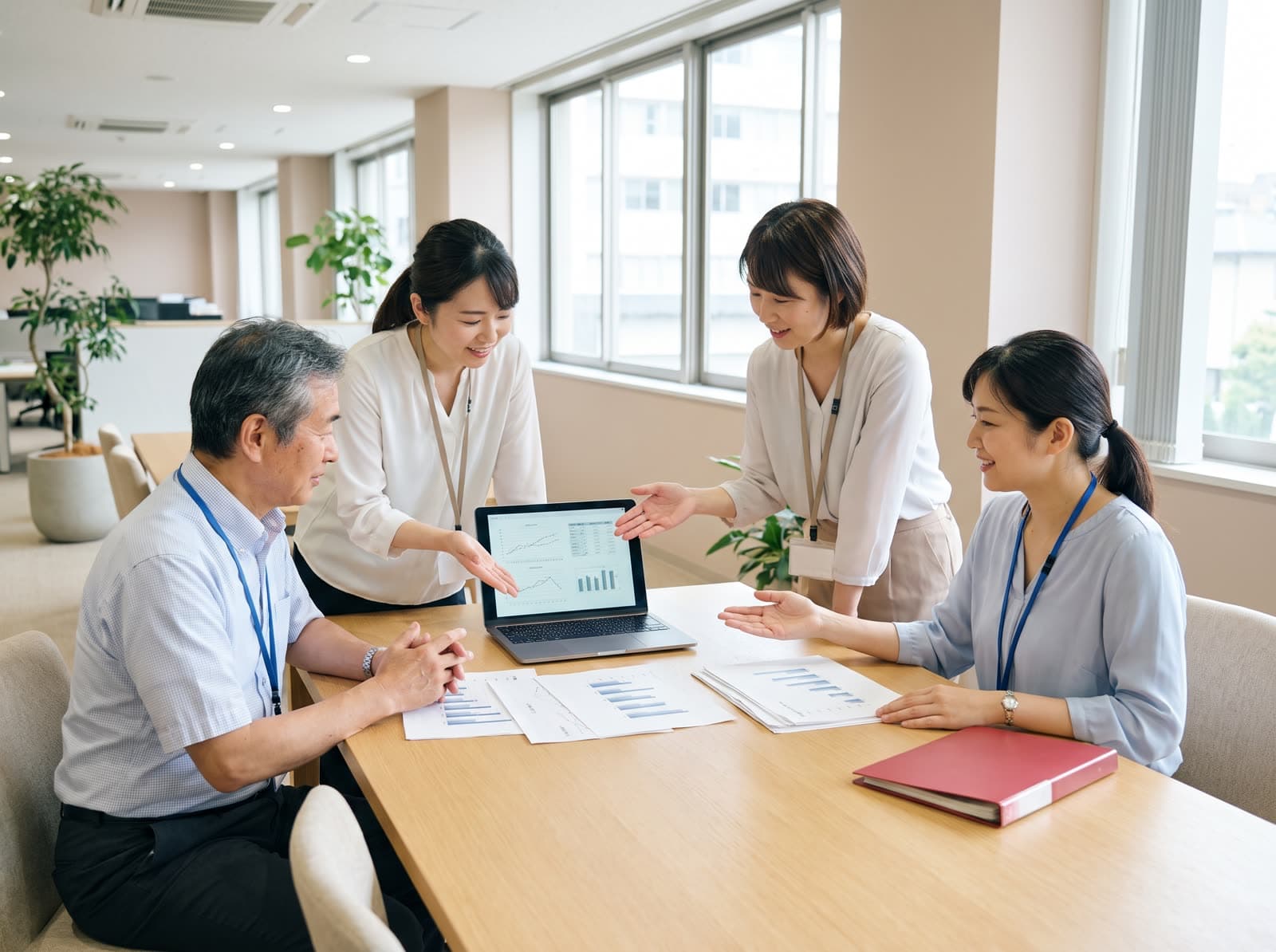 役所の打ち合わせ卓で、職員が資料とノート PC を囲んで話している様子