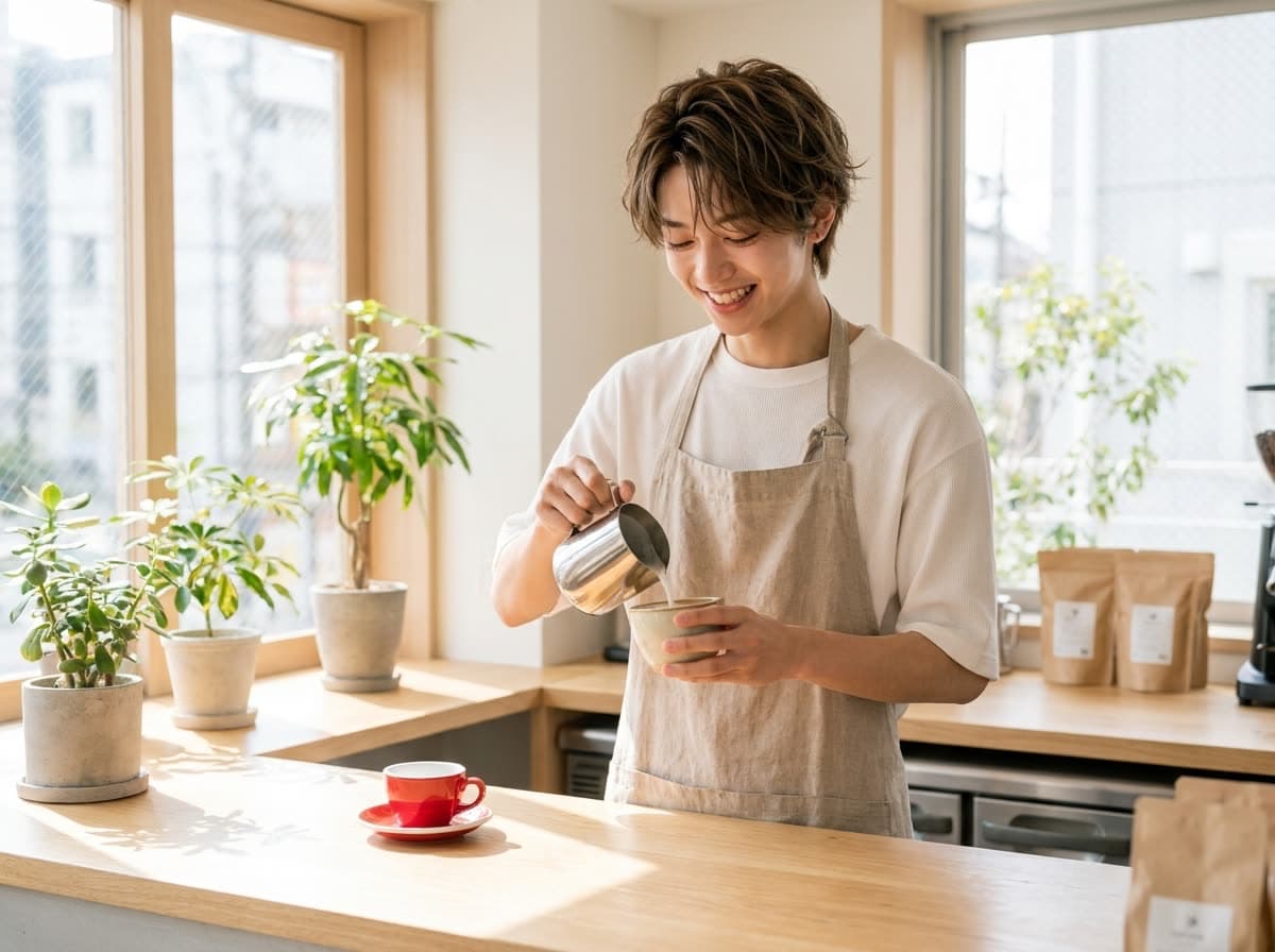 カフェのカウンターでコーヒーを淹れている様子