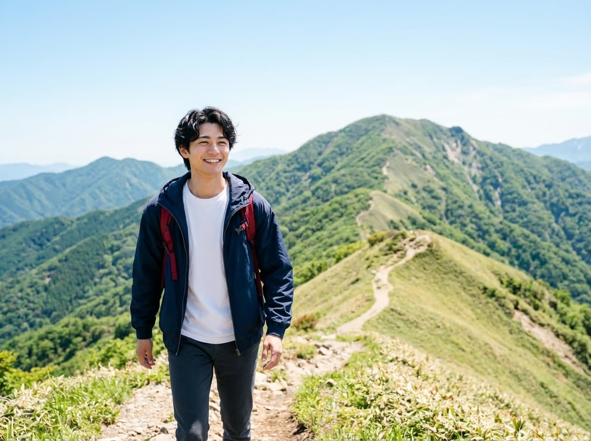 晴れた山の稜線を歩いている様子