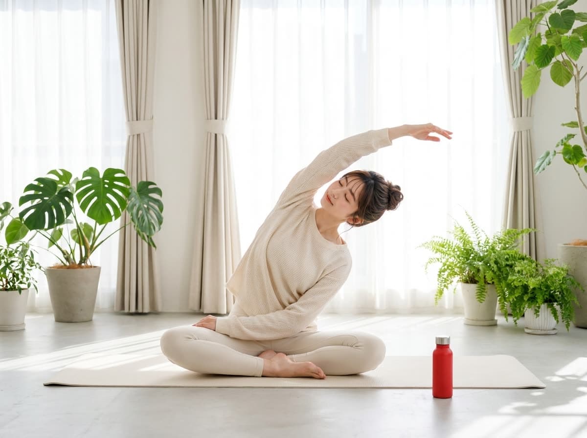 明るい部屋でストレッチをしている様子