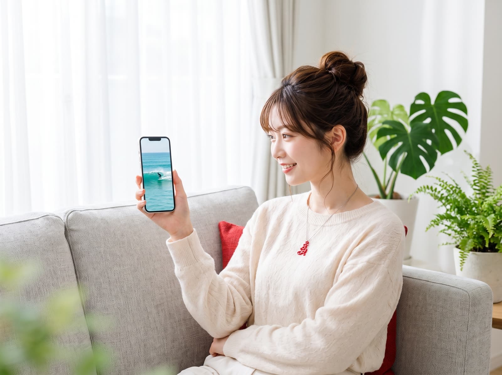 ソファで、スマートフォンに流れる体験動画を見ている様子