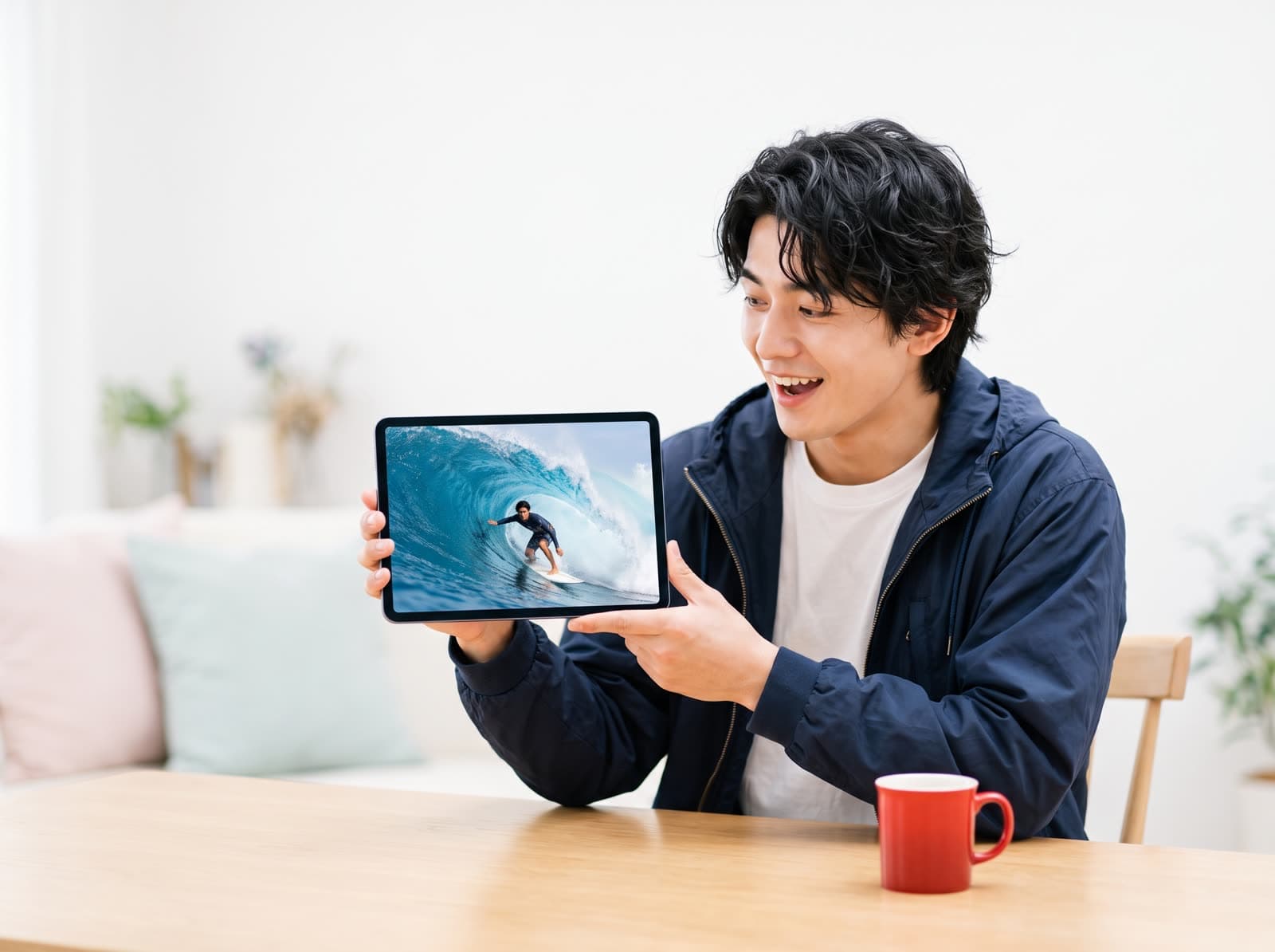 自分が波に乗っている体験動画をタブレットで見て驚いている様子