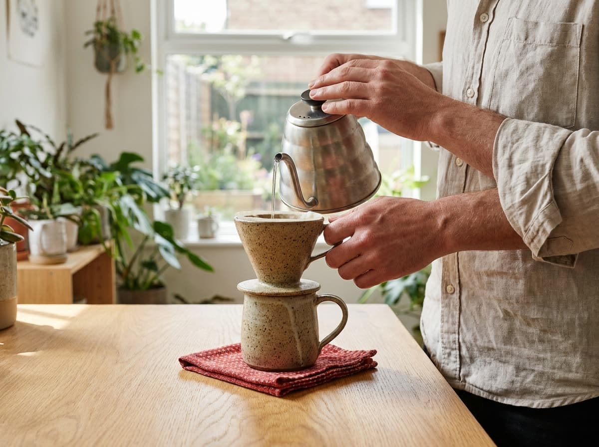 手づくりの器でコーヒーを淹れている手元