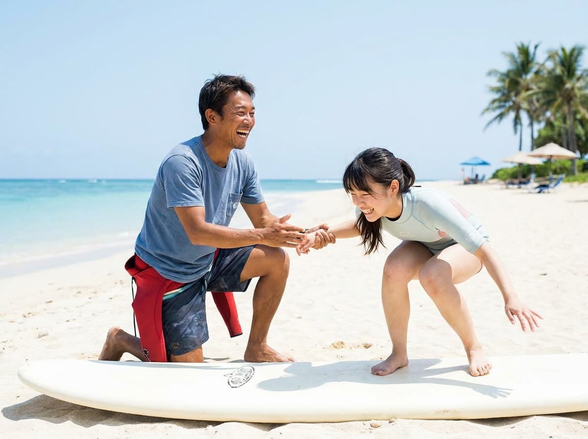 浜辺でサーフィンの立ち方を教わっている様子